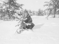 Joe Nakahara plays in the snow at Camp McCoy, Wisconsin, winter 1942. [Courtesy of Velma Nakahara]