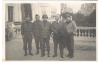 Delegate Joseph R. Farrington from Hawaii visits boys at Menton, France, December 14, 1944.  From left to right, Katsumi Kometani, Major Mackenzie, Chaplain Israel Yost, Delegate Farrington, Col. Gordon Sengls. [Courtesy of Dorothy Kometani]