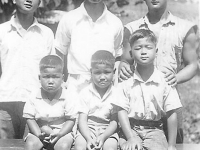 "Yoshioka Boys"  Back row, left to right:  Hisashi, Yoshito (Roy), Susumu (Clay) Front row:  Fumio, Nobuyoshi, Norio  [Courtesy of Wayne Yoshioka]